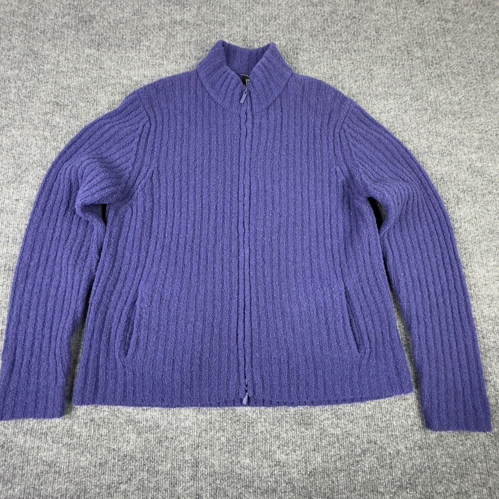 Eileen Fisher Zip Sweater M Blue Purple Wool‎ Ribbed Knit Cozy Minimalist Luxury